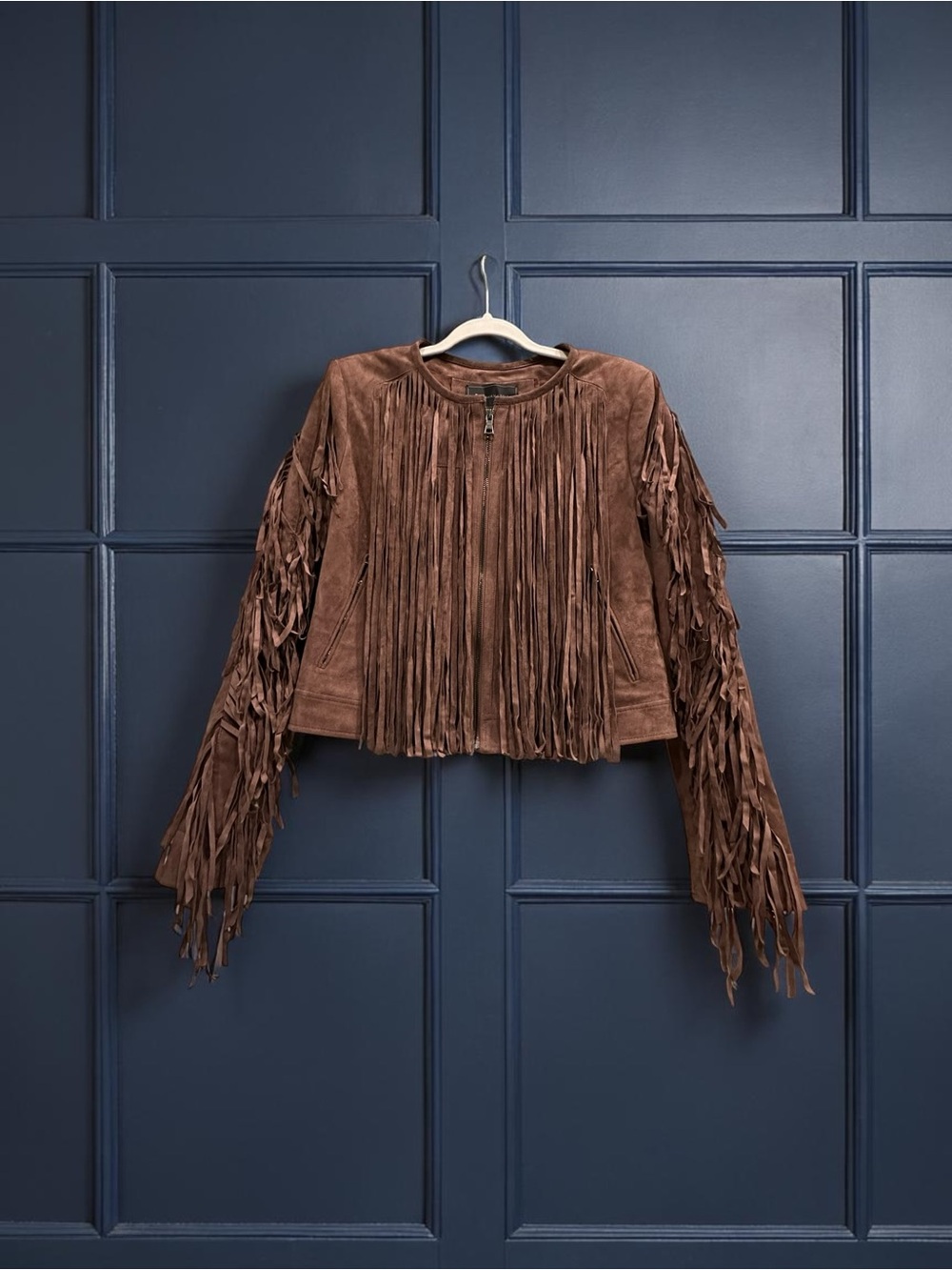 BCBG MAXAZRIA Faux Suede/Fringe Jacket. Chocolate Brown. Size Large